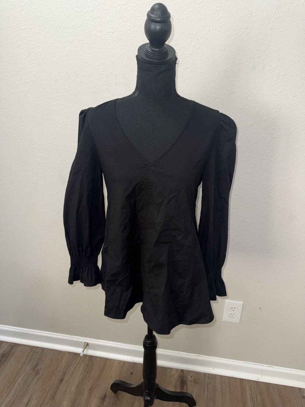 Tuckernuck Pomander Place Easton Blouse Top Blue Peplum Swing Puff Sleeve Size S
